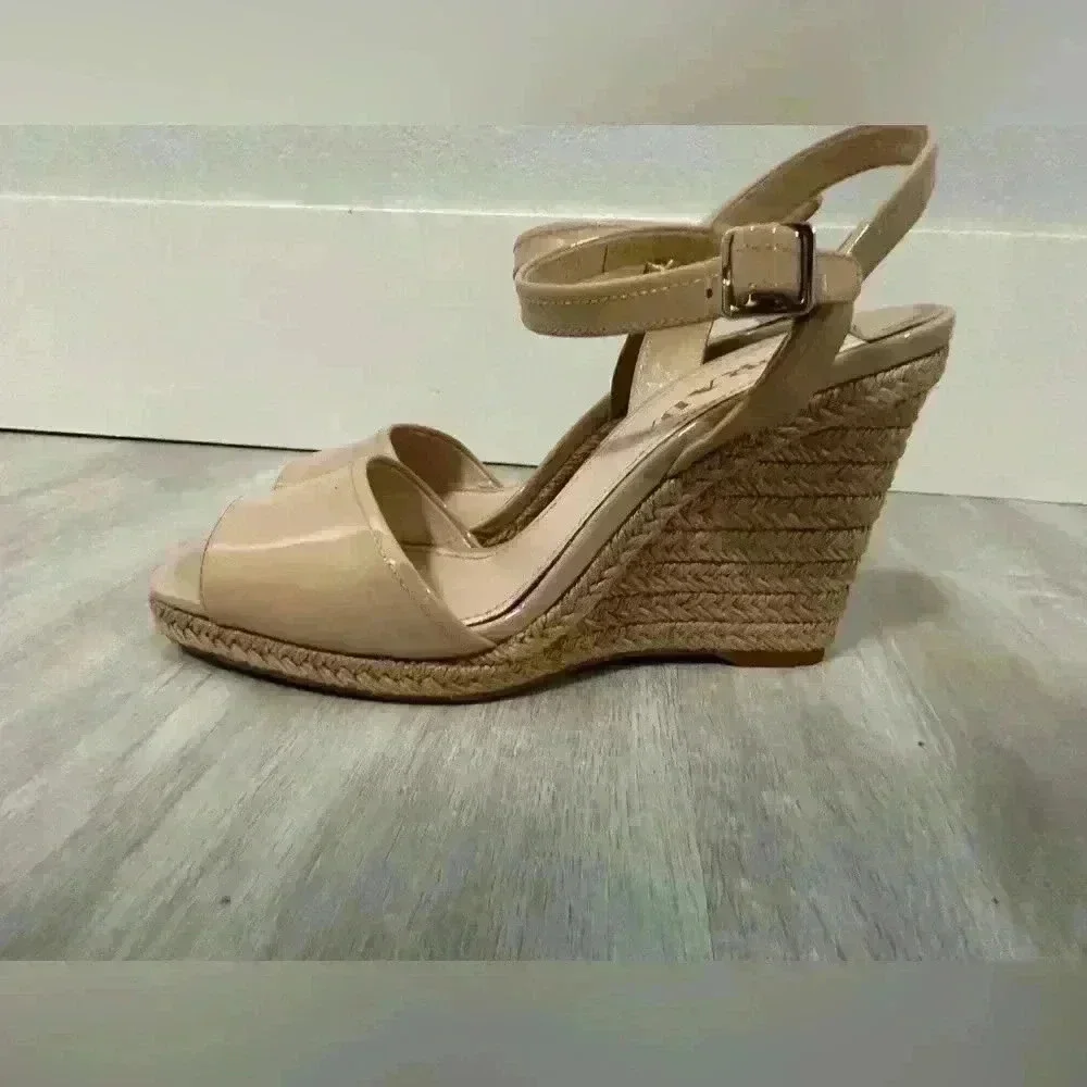 Prada Patent Leather Espadrille Wedge Sandals Beige Size 37 us 6.5